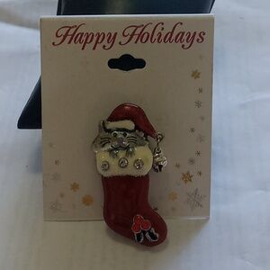 Christmas Brooch Cat in Stocking